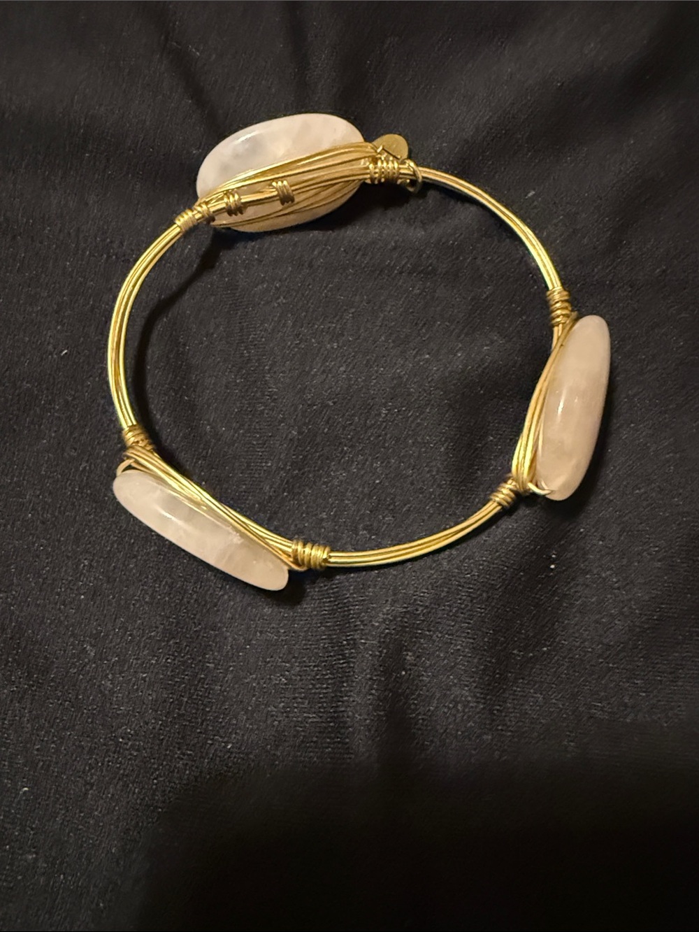 Gold Wire Bangle Bracelet with Pale Pink Stone Accents